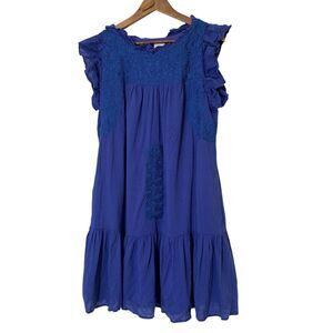 J Marie Blue Embroidered Babydoll Style Dress Womens Sz M Flutter Sleeve Linen